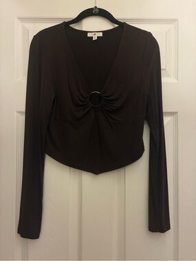 bp Dark Brown Long Sleeve V-Neck Top with Center Ring